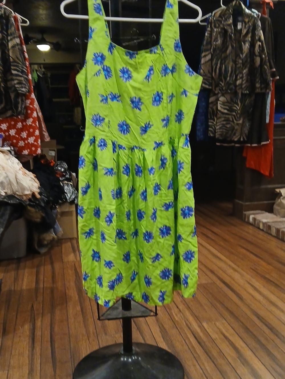 Womans Floral Sundress - Green with Blue Flowers